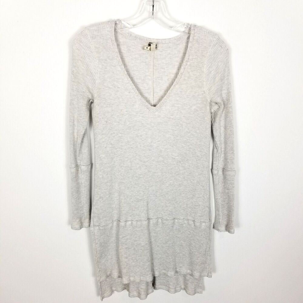Free People Women V-Neck Ribbed Top Size S High Side Slits Gray Long Sleeve